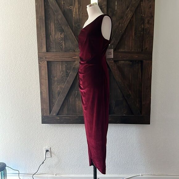 NWT L'VOW STUDIO Elegant Ruched Velvet One Shoulder High Waist Side Slit Bodycon - Picture 6 of 13